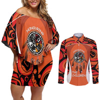 Personalized Orange Day Canada Couples Matching Off Shoulder Short Dress and Long Sleeve Button Shirt Honouring The Children Haida Pattern - Wonder Print Shop