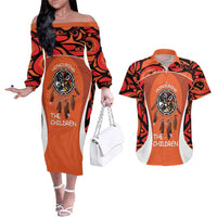 Personalized Orange Day Canada Couples Matching Off The Shoulder Long Sleeve Dress and Hawaiian Shirt Honouring The Children Haida Pattern - Wonder Print Shop