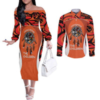 Personalized Orange Day Canada Couples Matching Off The Shoulder Long Sleeve Dress and Long Sleeve Button Shirt Honouring The Children Haida Pattern - Wonder Print Shop