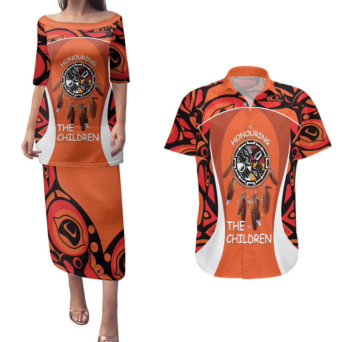 Personalized Orange Day Canada Couples Matching Puletasi and Hawaiian Shirt Honouring The Children Haida Pattern - Wonder Print Shop