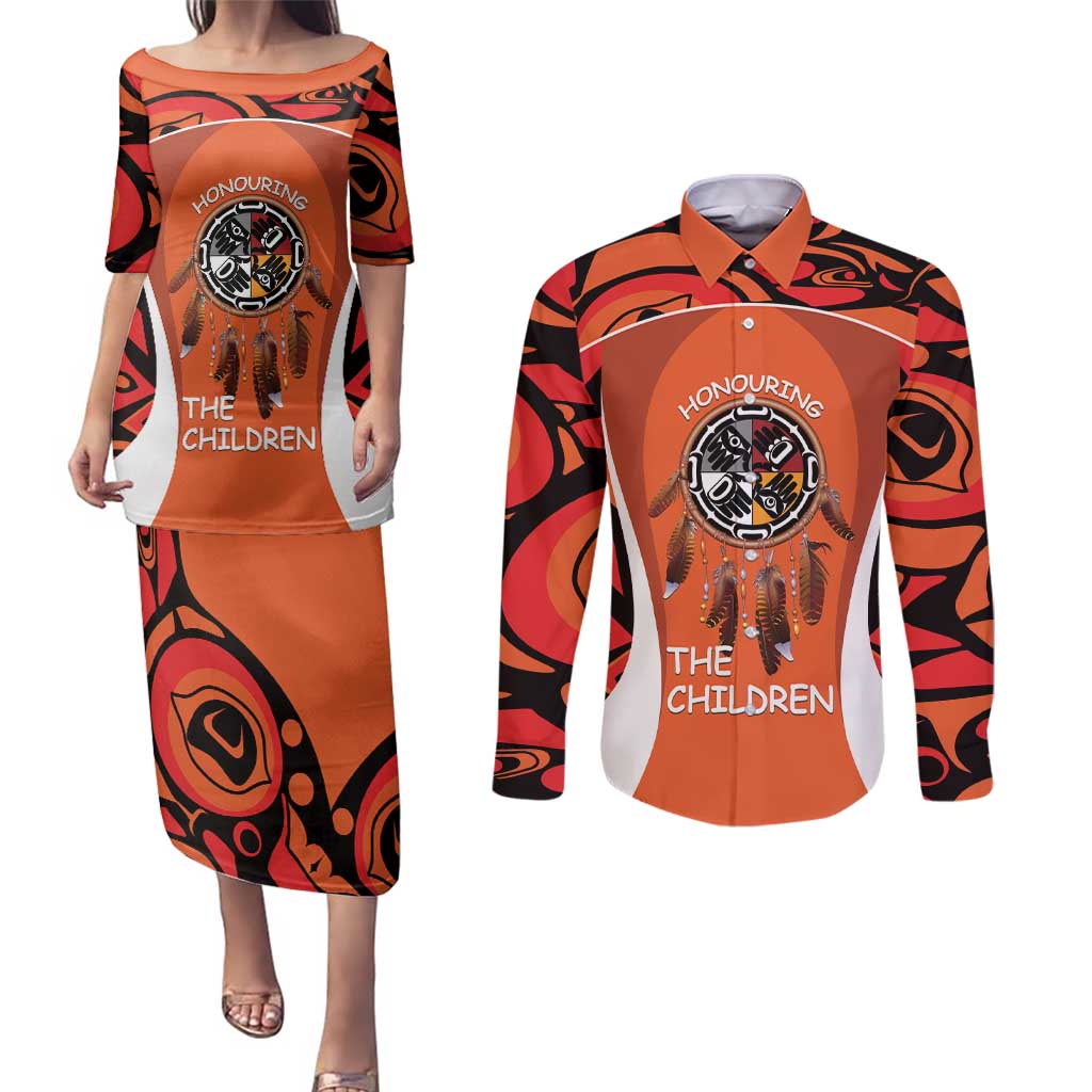 Personalized Orange Day Canada Couples Matching Puletasi and Long Sleeve Button Shirt Honouring The Children Haida Pattern - Wonder Print Shop