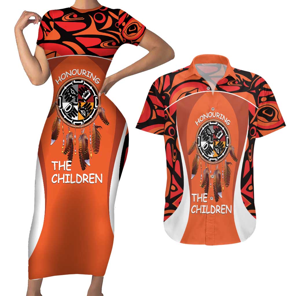 Personalized Orange Day Canada Couples Matching Short Sleeve Bodycon Dress and Hawaiian Shirt Honouring The Children Haida Pattern - Wonder Print Shop