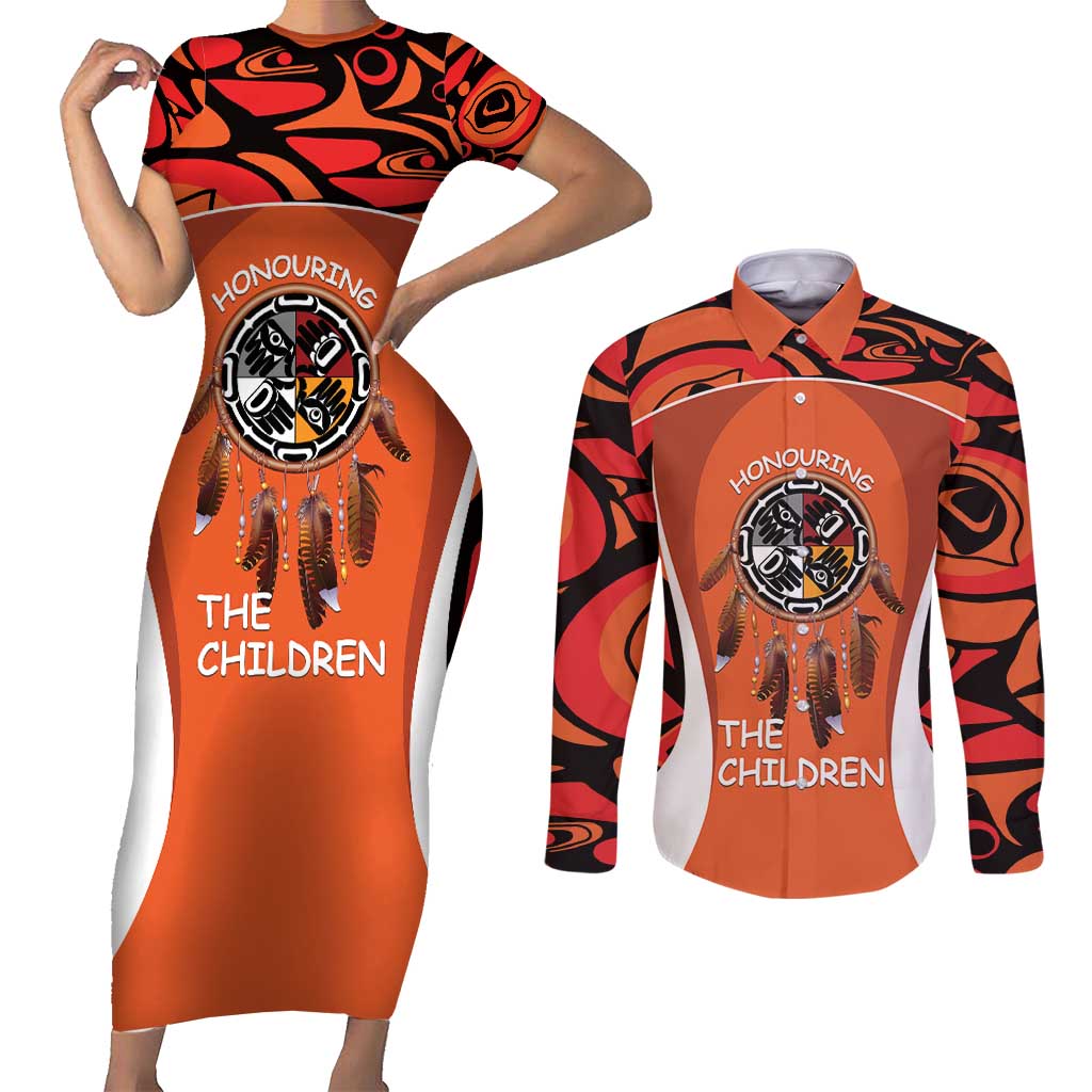 Personalized Orange Day Canada Couples Matching Short Sleeve Bodycon Dress and Long Sleeve Button Shirt Honouring The Children Haida Pattern - Wonder Print Shop