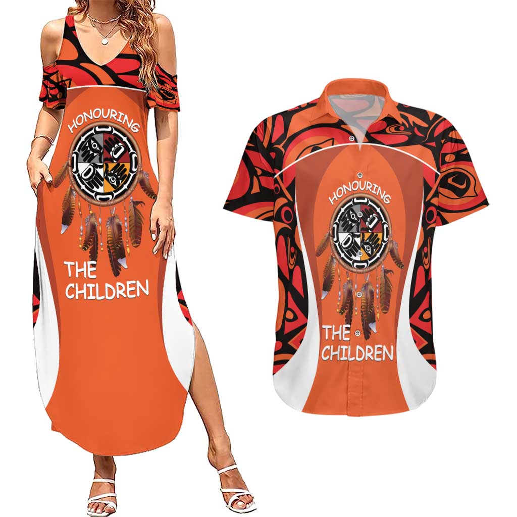 Personalized Orange Day Canada Couples Matching Summer Maxi Dress and Hawaiian Shirt Honouring The Children Haida Pattern - Wonder Print Shop