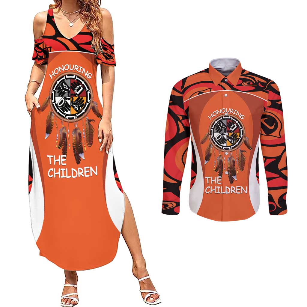 Personalized Orange Day Canada Couples Matching Summer Maxi Dress and Long Sleeve Button Shirt Honouring The Children Haida Pattern - Wonder Print Shop