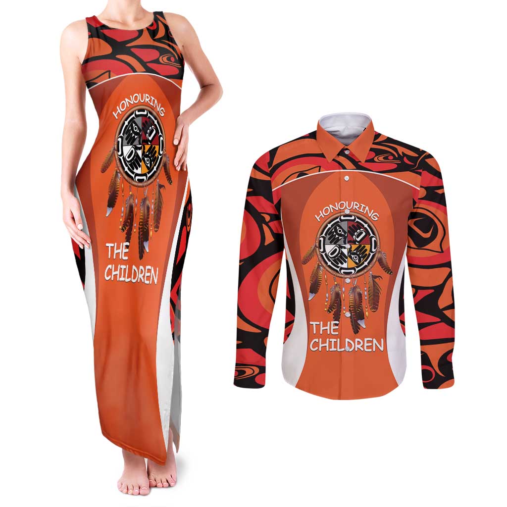 Personalized Orange Day Canada Couples Matching Tank Maxi Dress and Long Sleeve Button Shirt Honouring The Children Haida Pattern - Wonder Print Shop