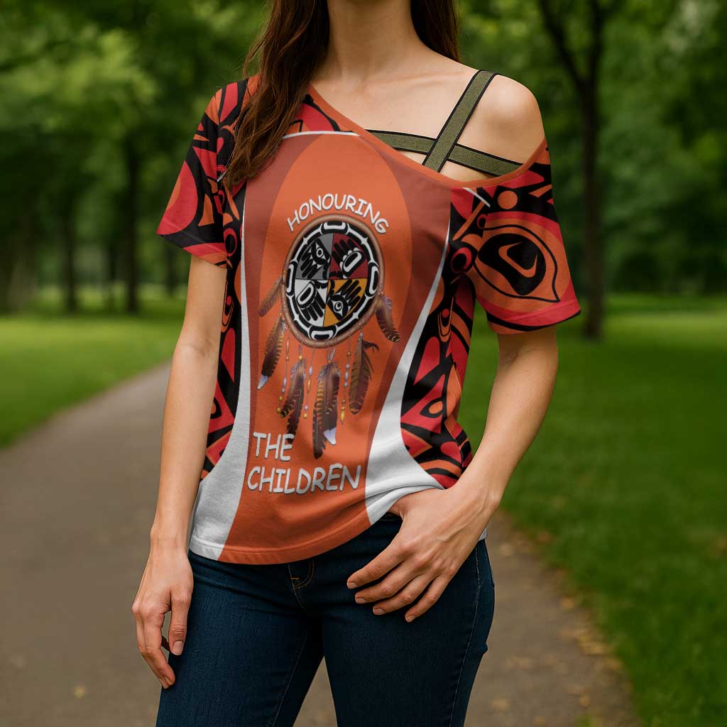 Personalized Orange Day Canada Cross Shoulder Shirt Honouring The Children Haida Pattern - Wonder Print Shop