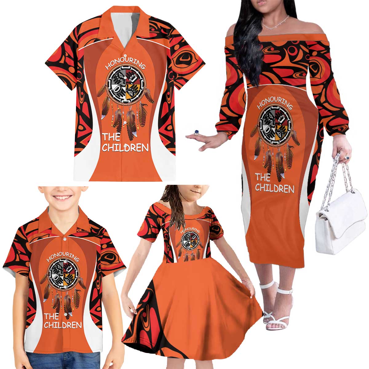 Personalized Orange Day Canada Family Matching Off The Shoulder Long Sleeve Dress and Hawaiian Shirt Honouring The Children Haida Pattern - Wonder Print Shop