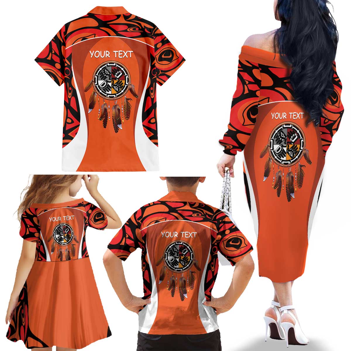 Personalized Orange Day Canada Family Matching Off The Shoulder Long Sleeve Dress and Hawaiian Shirt Honouring The Children Haida Pattern - Wonder Print Shop
