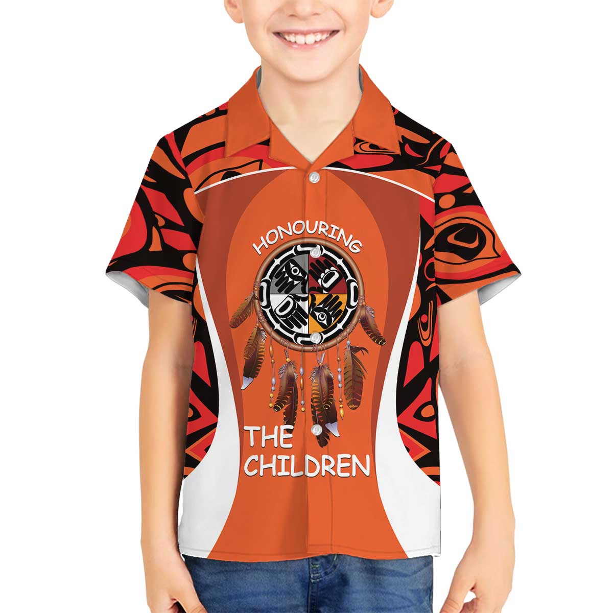 Personalized Orange Day Canada Family Matching Off The Shoulder Long Sleeve Dress and Hawaiian Shirt Honouring The Children Haida Pattern - Wonder Print Shop