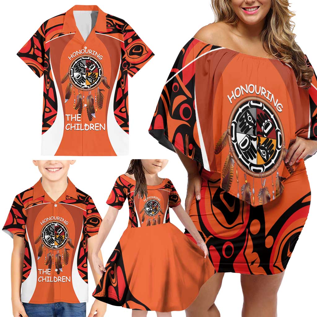 Personalized Orange Day Canada Family Matching Off Shoulder Short Dress and Hawaiian Shirt Honouring The Children Haida Pattern - Wonder Print Shop
