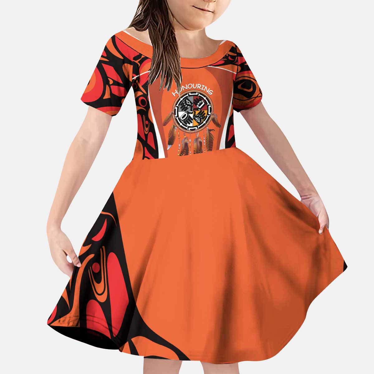 Personalized Orange Day Canada Kid Short Sleeve Dress Honouring The Children Haida Pattern - Wonder Print Shop