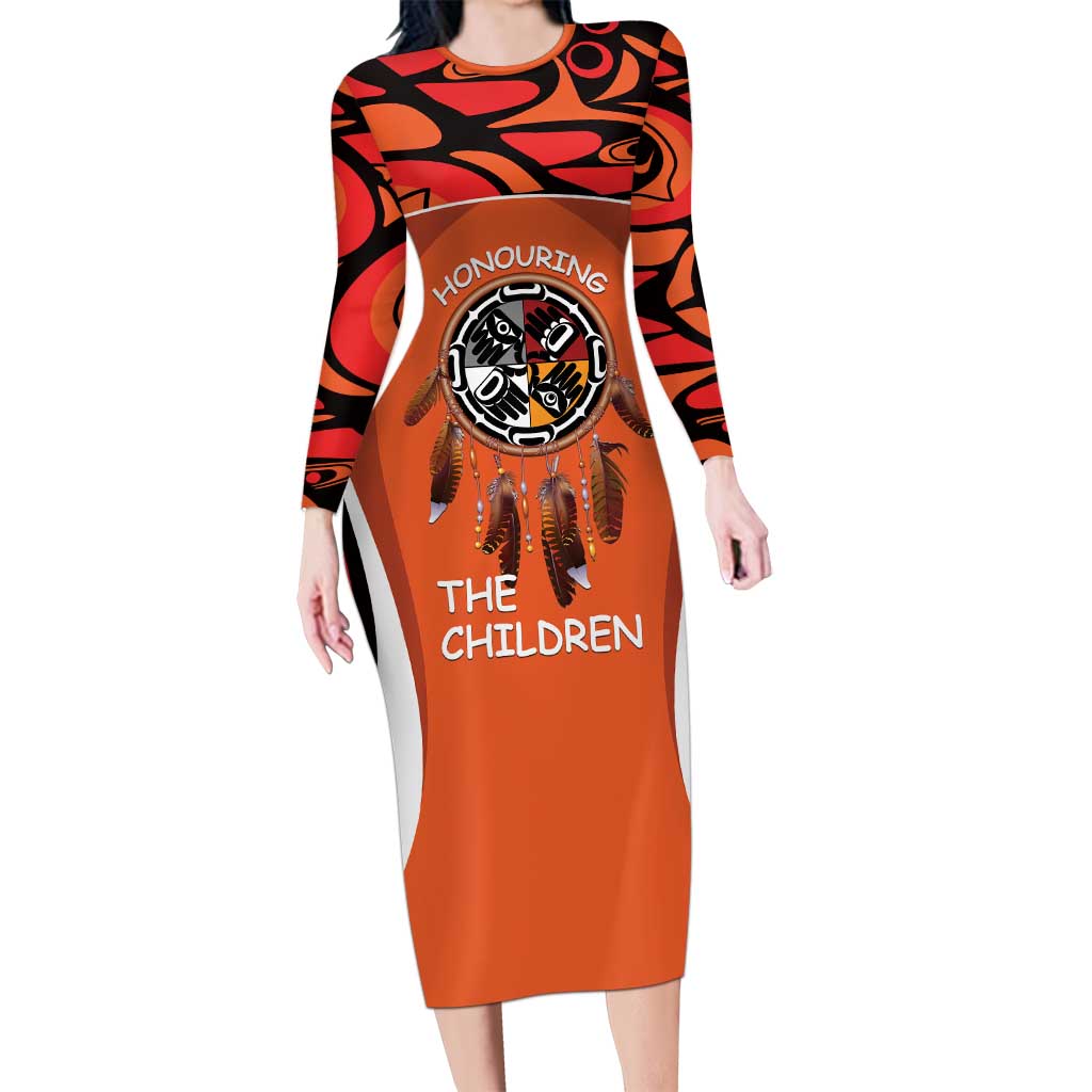Personalized Orange Day Canada Long Sleeve Bodycon Dress Honouring The Children Haida Pattern - Wonder Print Shop