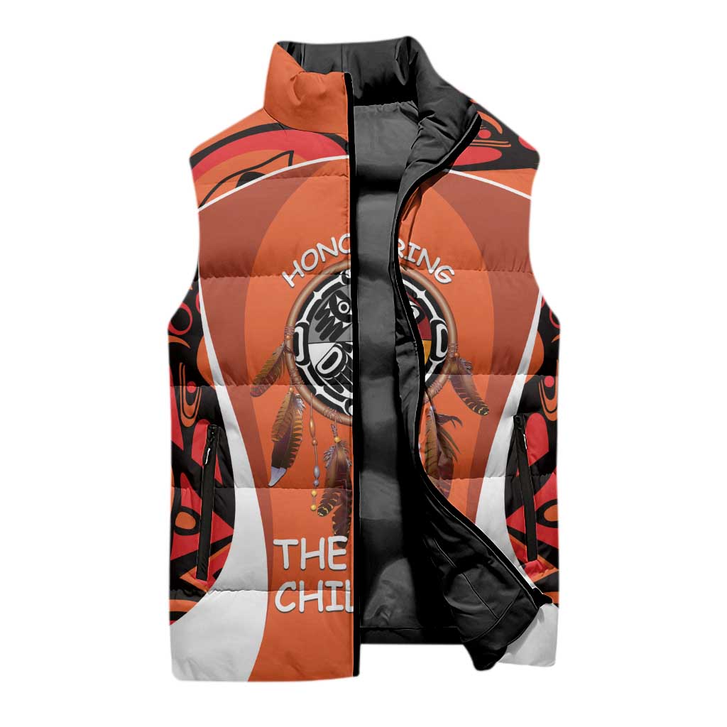 Personalized Orange Day Canada Sleeveless Puffer Jacket Honouring The Children Haida Pattern - Wonder Print Shop