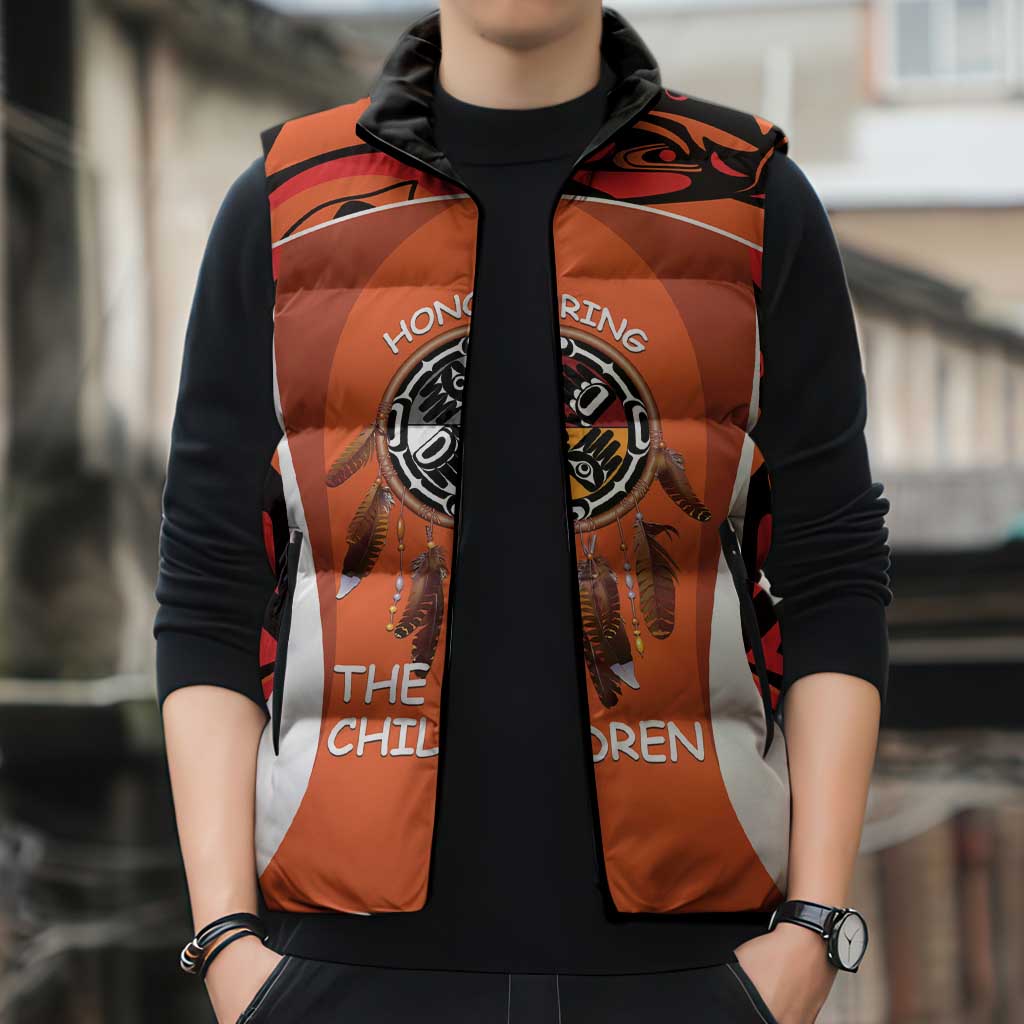 Personalized Orange Day Canada Sleeveless Puffer Jacket Honouring The Children Haida Pattern - Wonder Print Shop