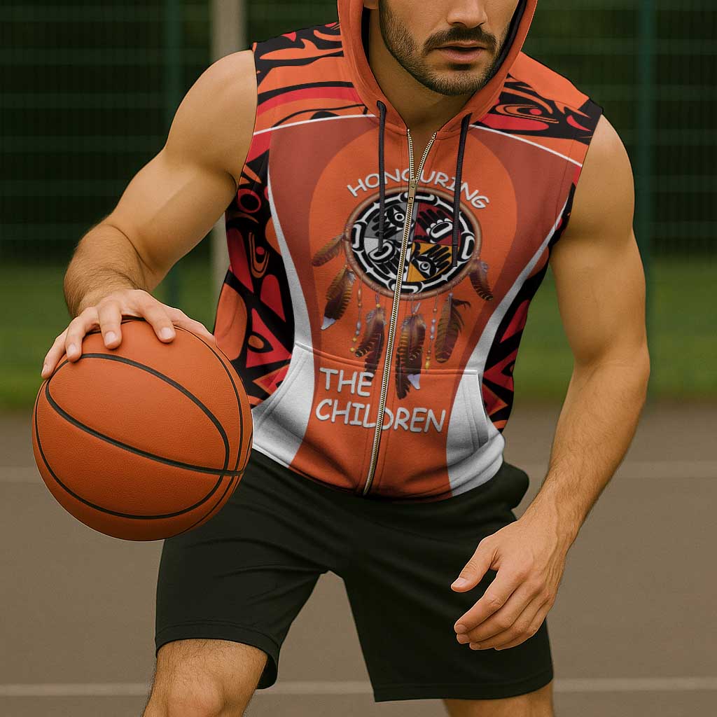 Personalized Orange Day Canada Sleeveless Zip Hoodie Honouring The Children Haida Pattern - Wonder Print Shop