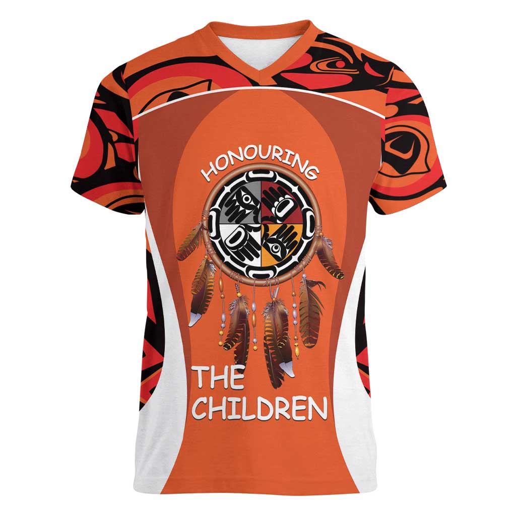 Personalized Orange Day Canada Women V-Neck T-Shirt Honouring The Children Haida Pattern - Wonder Print Shop