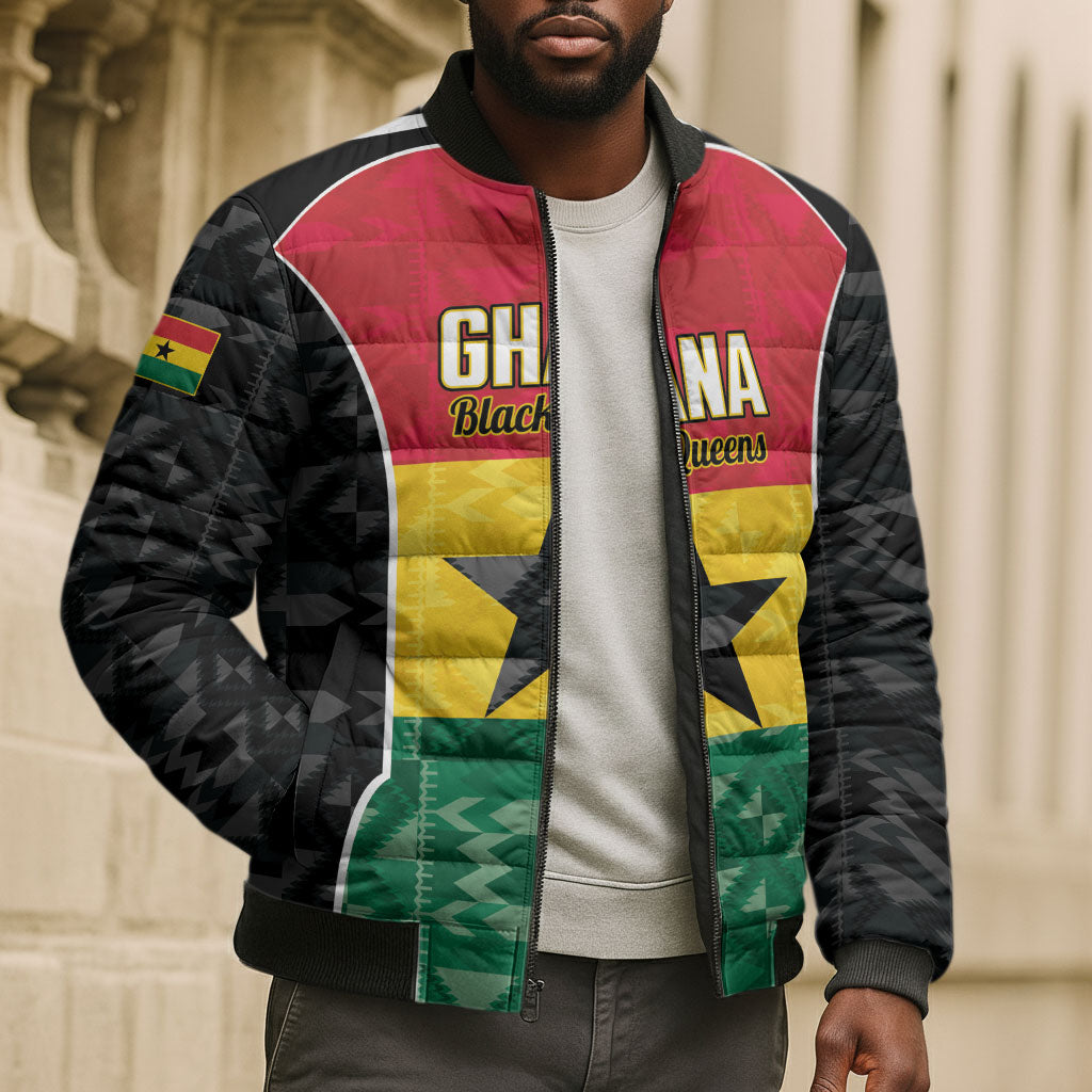 Ghana Football Custom Bomber Puffer Jacket Go Black Queens Kente Pattern