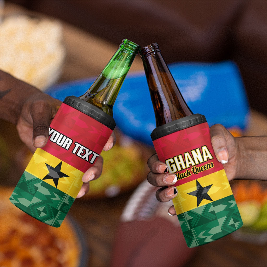 Ghana Football Custom 4 in 1 Can Cooler Tumbler Go Black Queens Kente Pattern