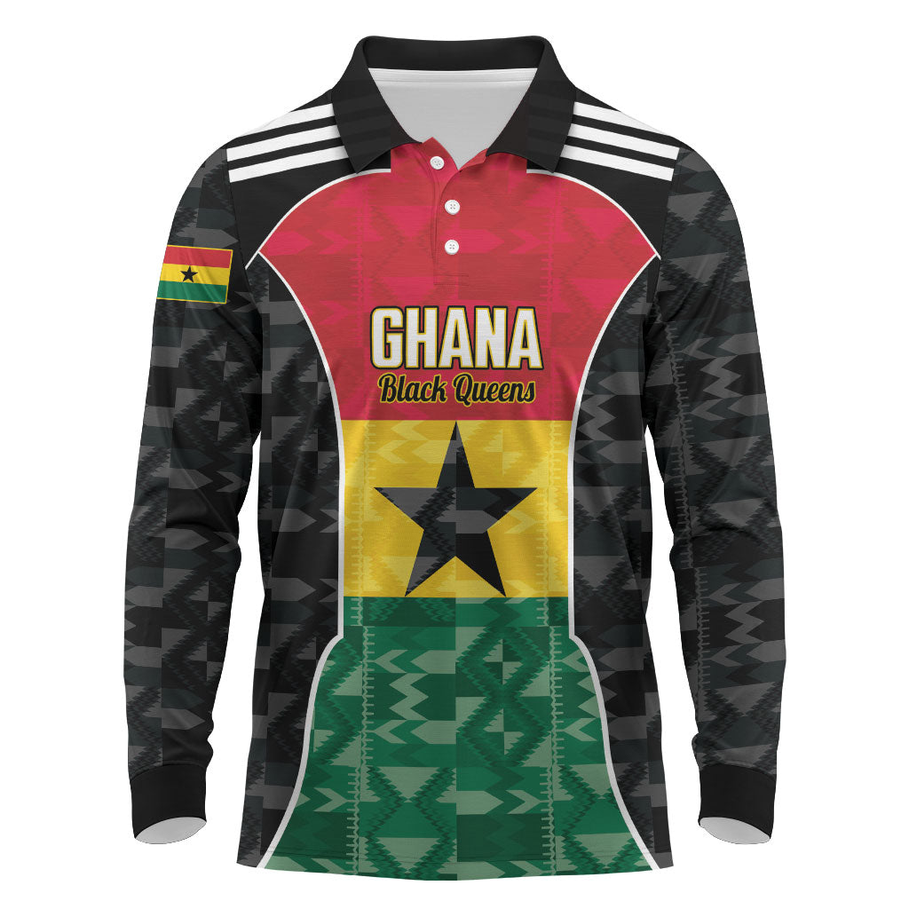 Ghana Football Custom Long Sleeve Polo Shirt Go Black Queens Kente Pattern