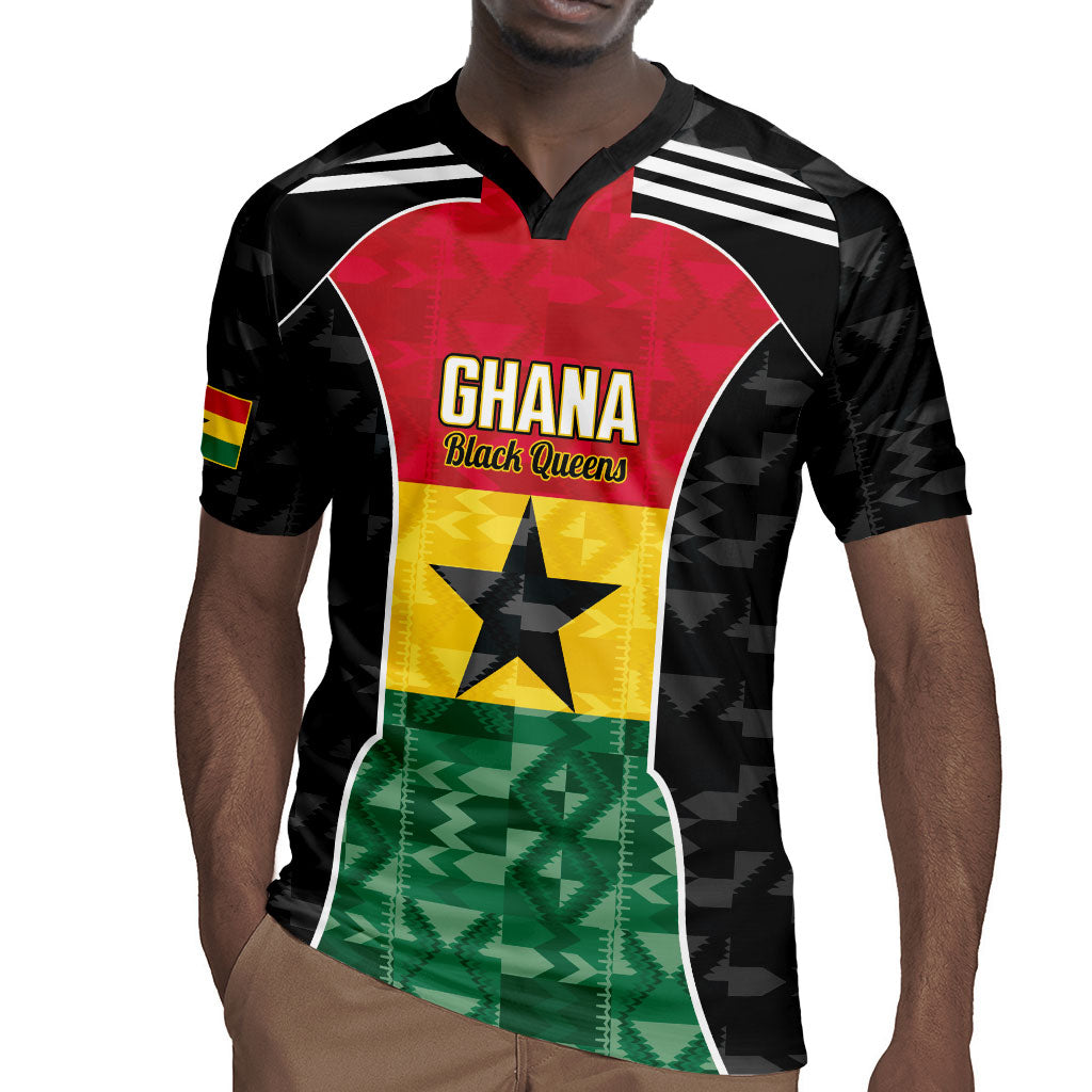 Ghana Football Custom Rugby Jersey Go Black Queens Kente Pattern