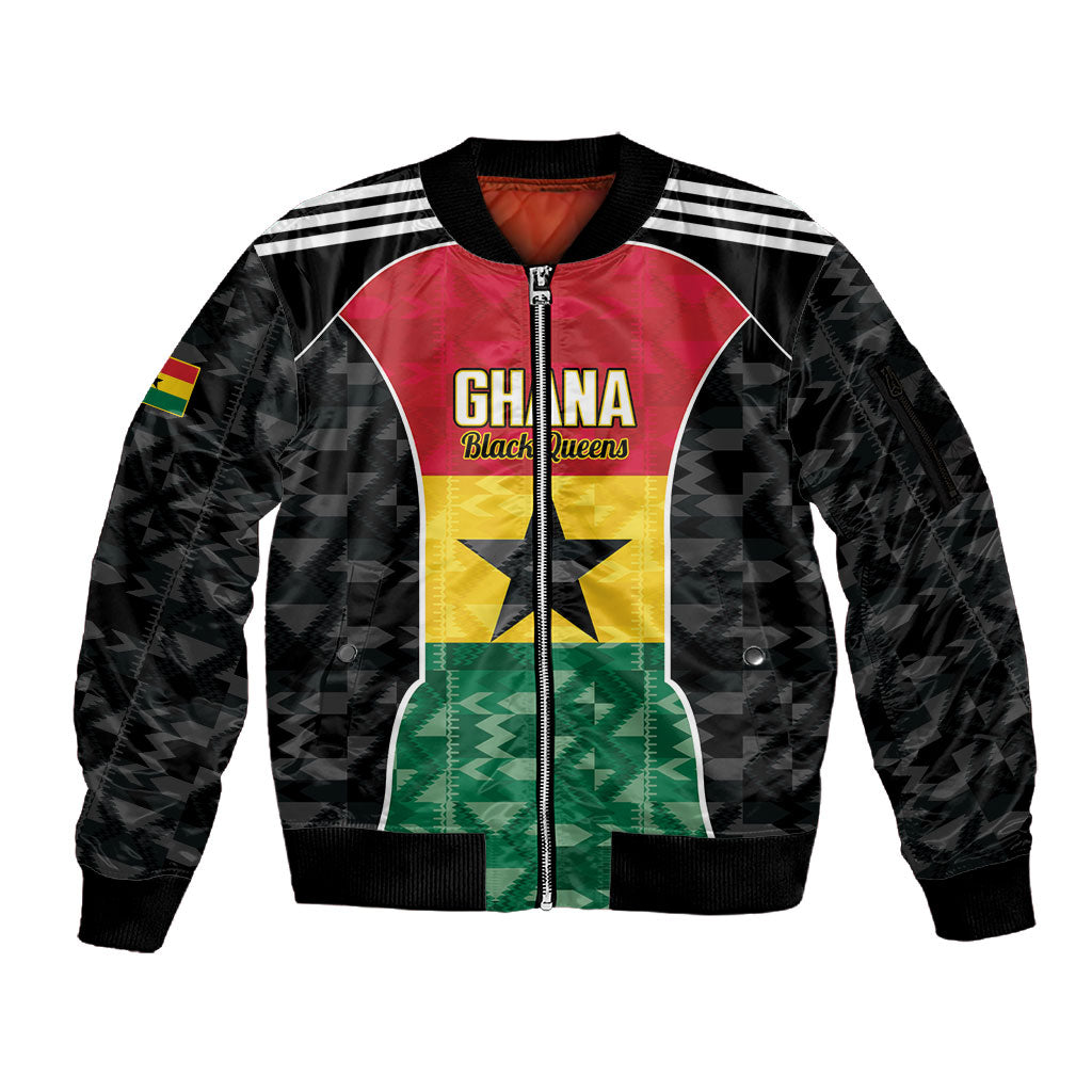 Ghana Football Custom Sleeve Zip Bomber Jacket Go Black Queens Kente Pattern