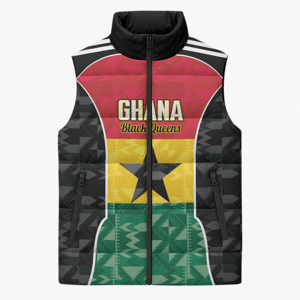 Ghana Football Custom Sleeveless Puffer Jacket Go Black Queens Kente Pattern