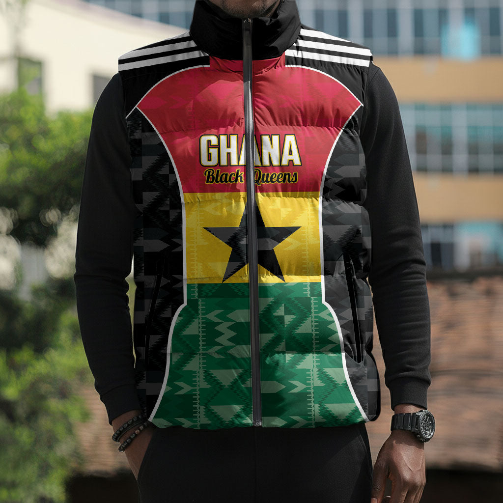 Ghana Football Custom Sleeveless Puffer Jacket Go Black Queens Kente Pattern