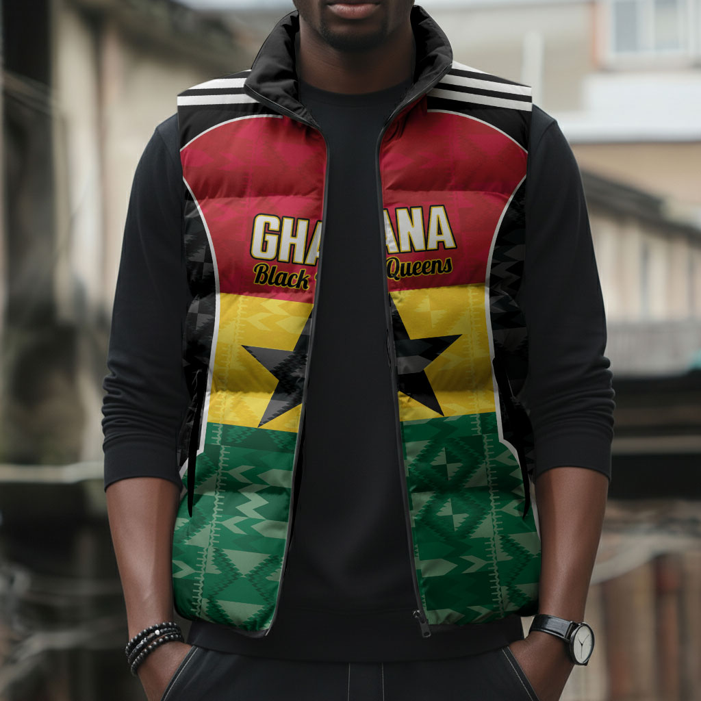 Ghana Football Custom Sleeveless Puffer Jacket Go Black Queens Kente Pattern
