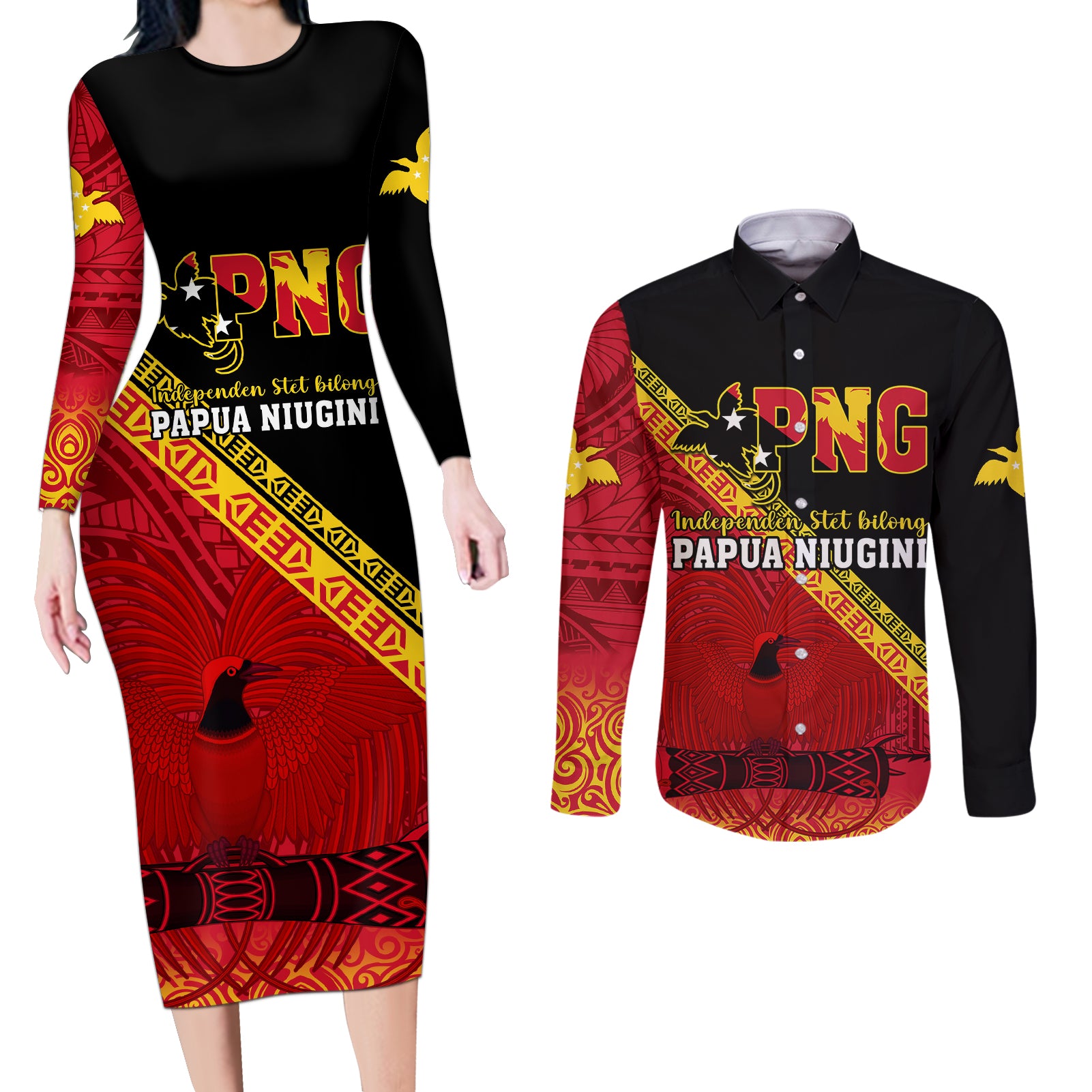Papua New Guinea Couples Matching Long Sleeve Bodycon Dress and Long Sleeve Button Shirts Independen Stet bilong Papua Niugini Unique Version - Wonder Print Shop