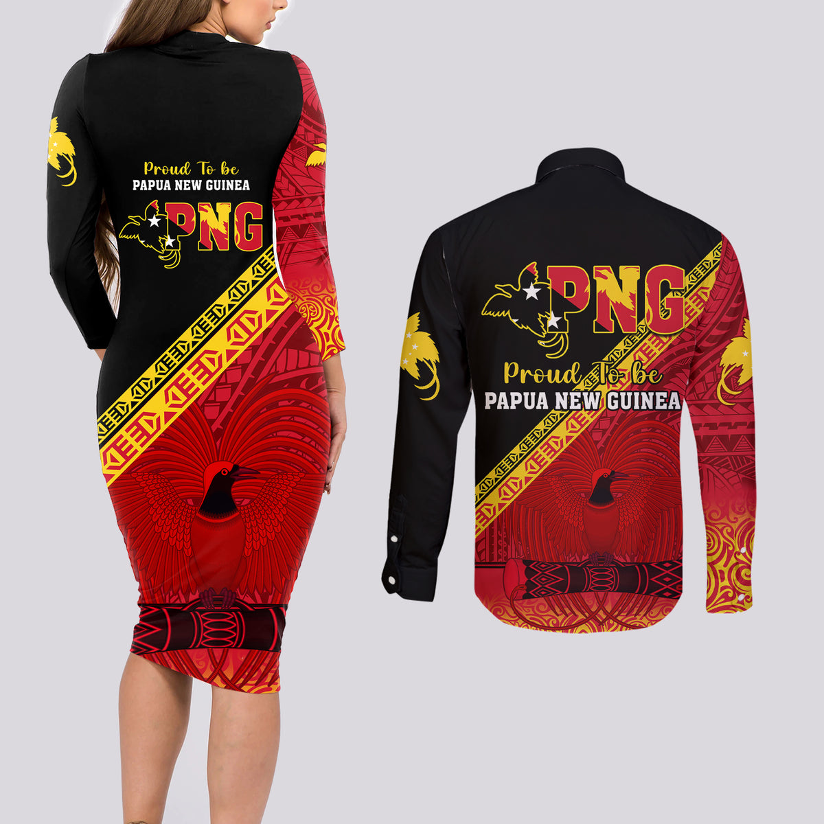 Papua New Guinea Couples Matching Long Sleeve Bodycon Dress and Long Sleeve Button Shirts Independen Stet bilong Papua Niugini Unique Version - Wonder Print Shop