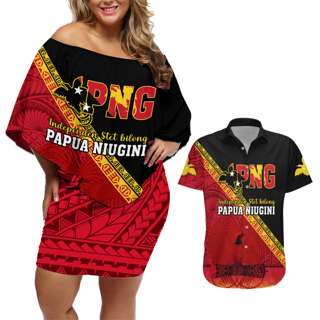 Papua New Guinea Couples Matching Off Shoulder Short Dress and Hawaiian Shirt Independen Stet bilong Papua Niugini Unique Version - Wonder Print Shop