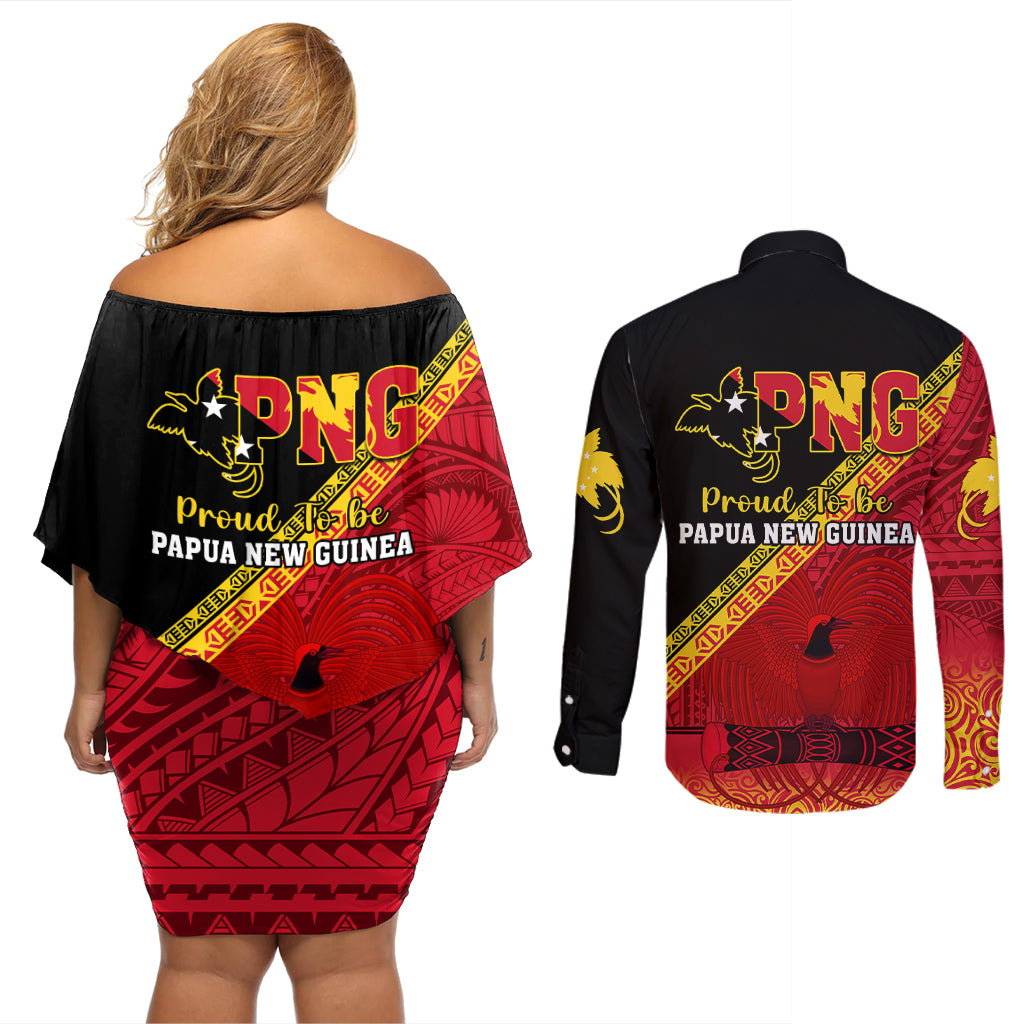 Papua New Guinea Couples Matching Off Shoulder Short Dress and Long Sleeve Button Shirts Independen Stet bilong Papua Niugini Unique Version - Wonder Print Shop