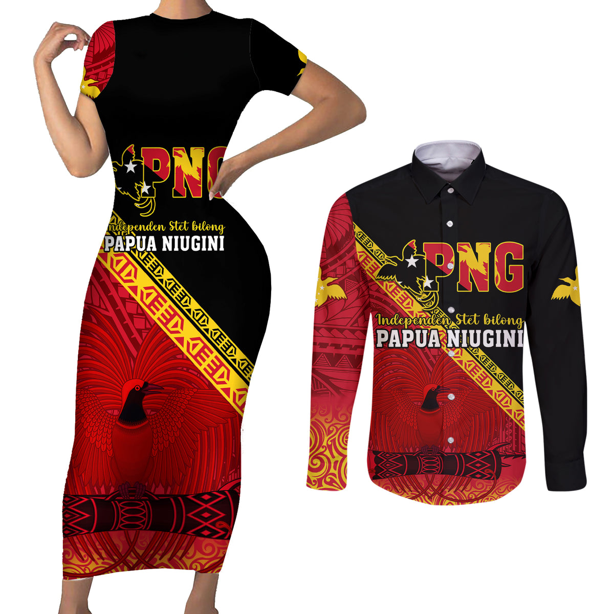 Papua New Guinea Couples Matching Short Sleeve Bodycon Dress and Long Sleeve Button Shirts Independen Stet bilong Papua Niugini Unique Version - Wonder Print Shop