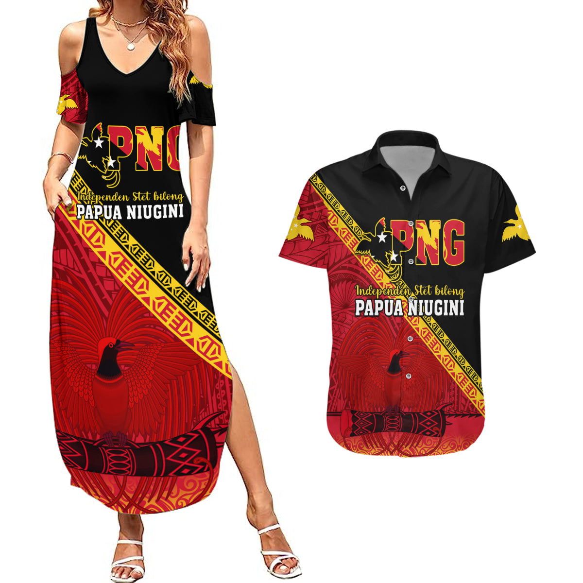 Papua New Guinea Couples Matching Summer Maxi Dress and Hawaiian Shirt Independen Stet bilong Papua Niugini Unique Version - Wonder Print Shop