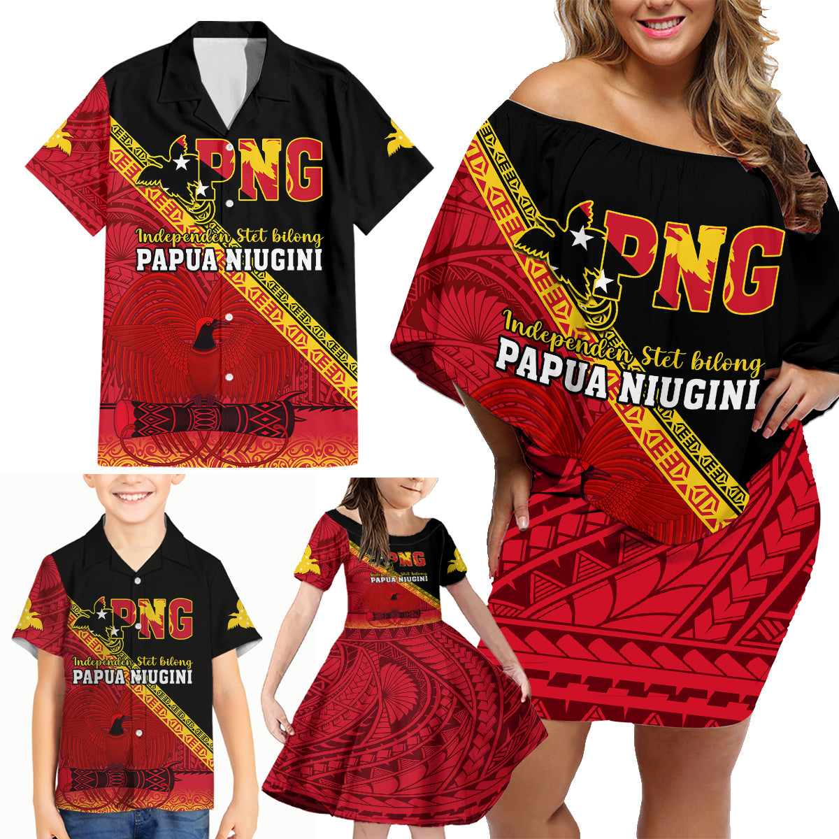 Papua New Guinea Family Matching Off Shoulder Short Dress and Hawaiian Shirt Independen Stet bilong Papua Niugini Unique Version - Wonder Print Shop
