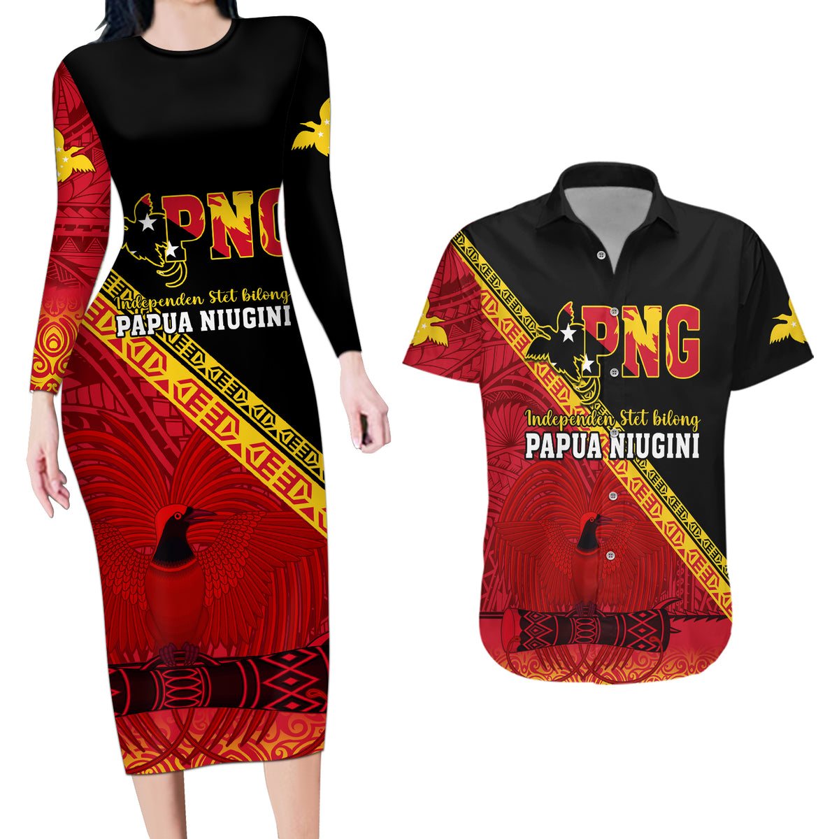 Presonalised Papua New Guinea Couples Matching Long Sleeve Bodycon Dress and Hawaiian Shirt Independen Stet bilong Papua Niugini Unique Version - Wonder Print Shop