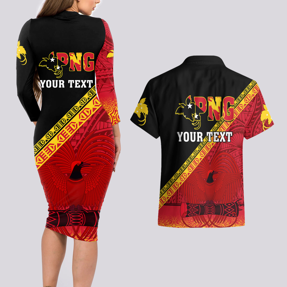 Presonalised Papua New Guinea Couples Matching Long Sleeve Bodycon Dress and Hawaiian Shirt Independen Stet bilong Papua Niugini Unique Version - Wonder Print Shop