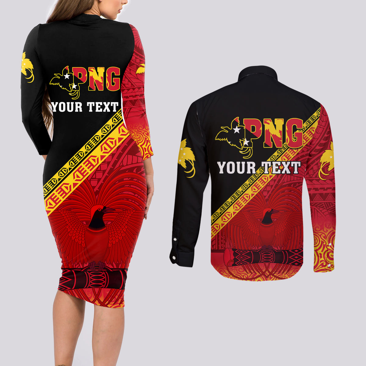 Presonalised Papua New Guinea Couples Matching Long Sleeve Bodycon Dress and Long Sleeve Button Shirts Independen Stet bilong Papua Niugini Unique Version - Wonder Print Shop