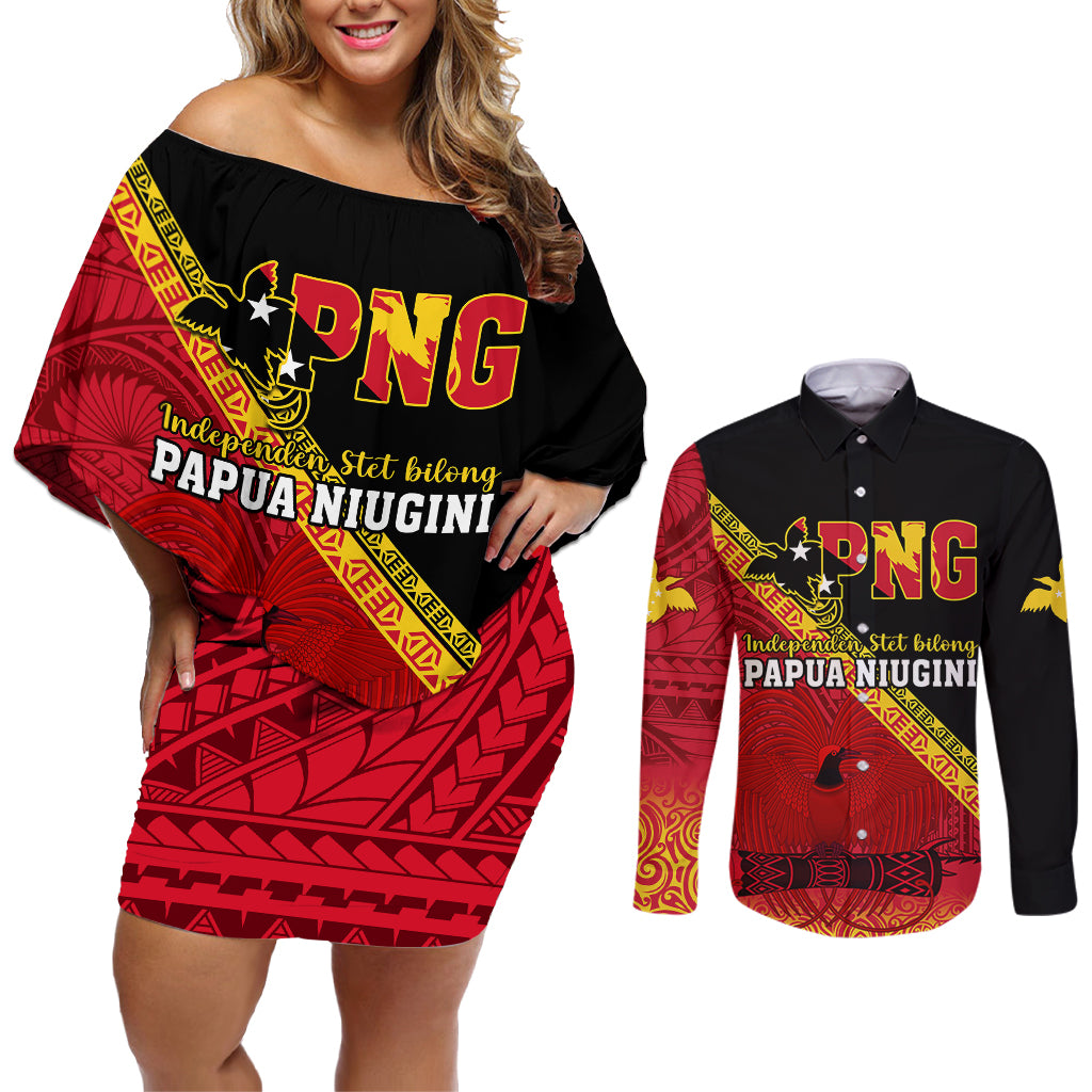 Presonalised Papua New Guinea Couples Matching Off Shoulder Short Dress and Long Sleeve Button Shirts Independen Stet bilong Papua Niugini Unique Version - Wonder Print Shop