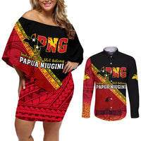 Presonalised Papua New Guinea Couples Matching Off Shoulder Short Dress and Long Sleeve Button Shirts Independen Stet bilong Papua Niugini Unique Version - Wonder Print Shop