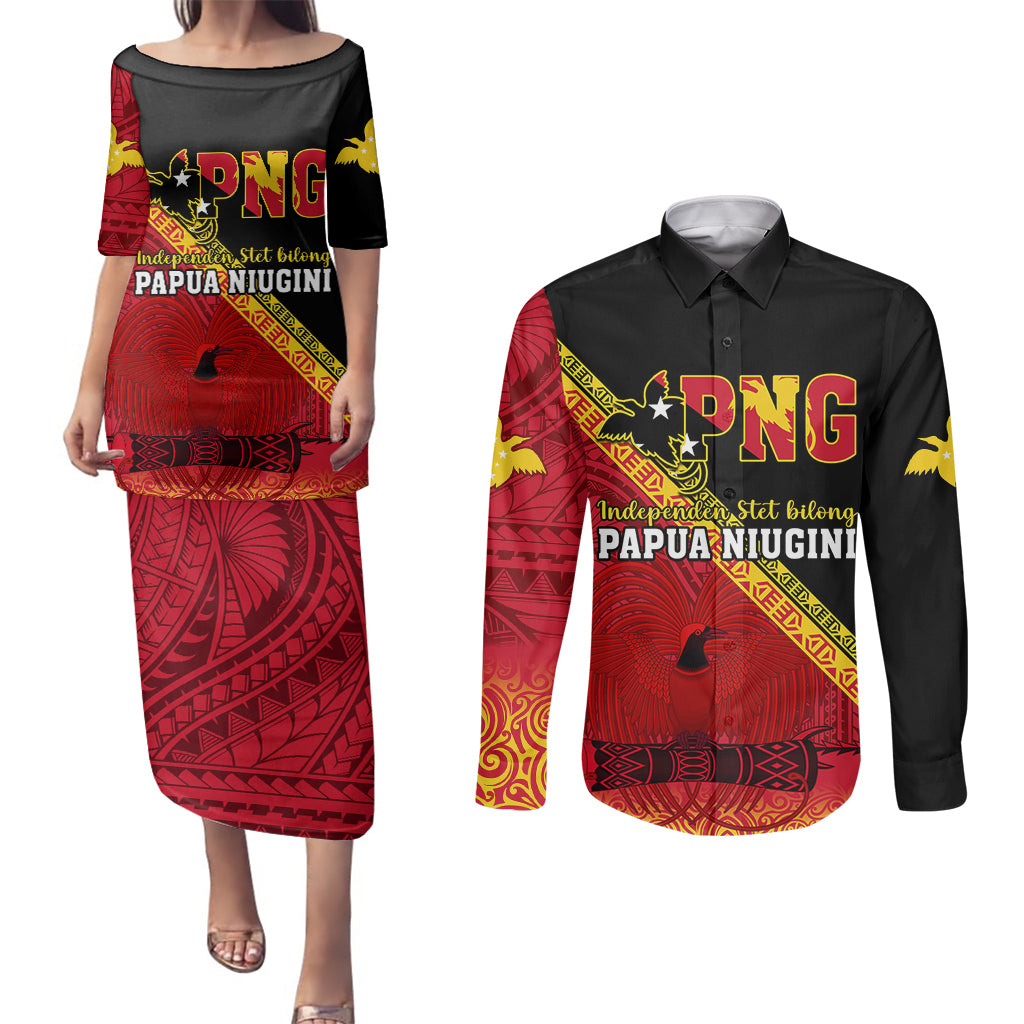Presonalised Papua New Guinea Couples Matching Puletasi Dress and Long Sleeve Button Shirts Independen Stet bilong Papua Niugini Unique Version - Wonder Print Shop