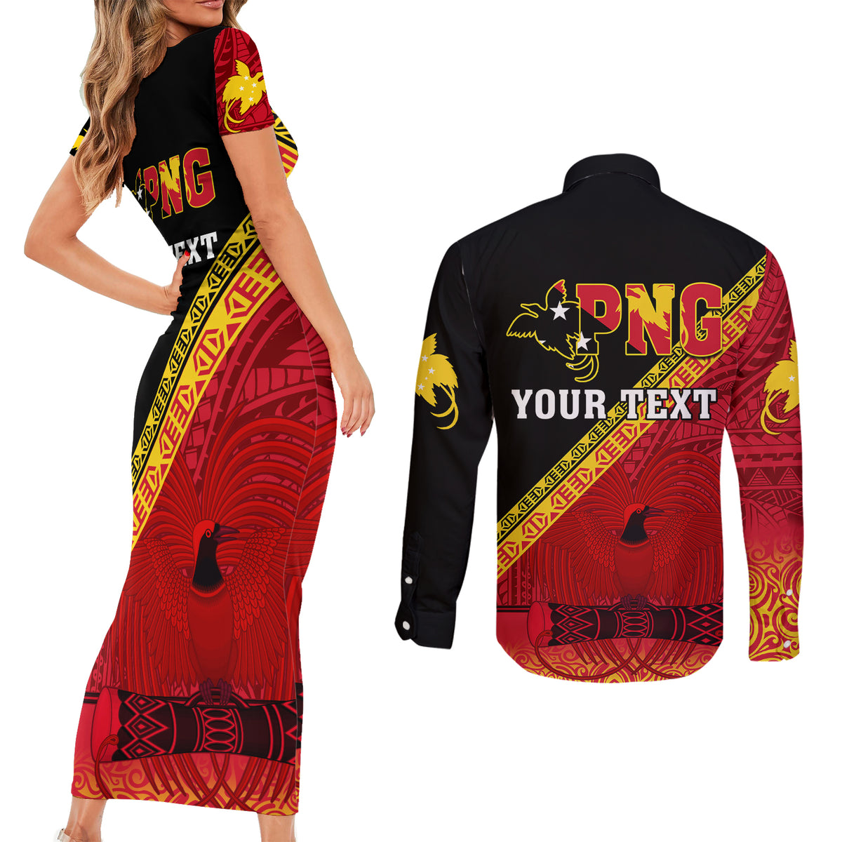 Presonalised Papua New Guinea Couples Matching Short Sleeve Bodycon Dress and Long Sleeve Button Shirts Independen Stet bilong Papua Niugini Unique Version - Wonder Print Shop