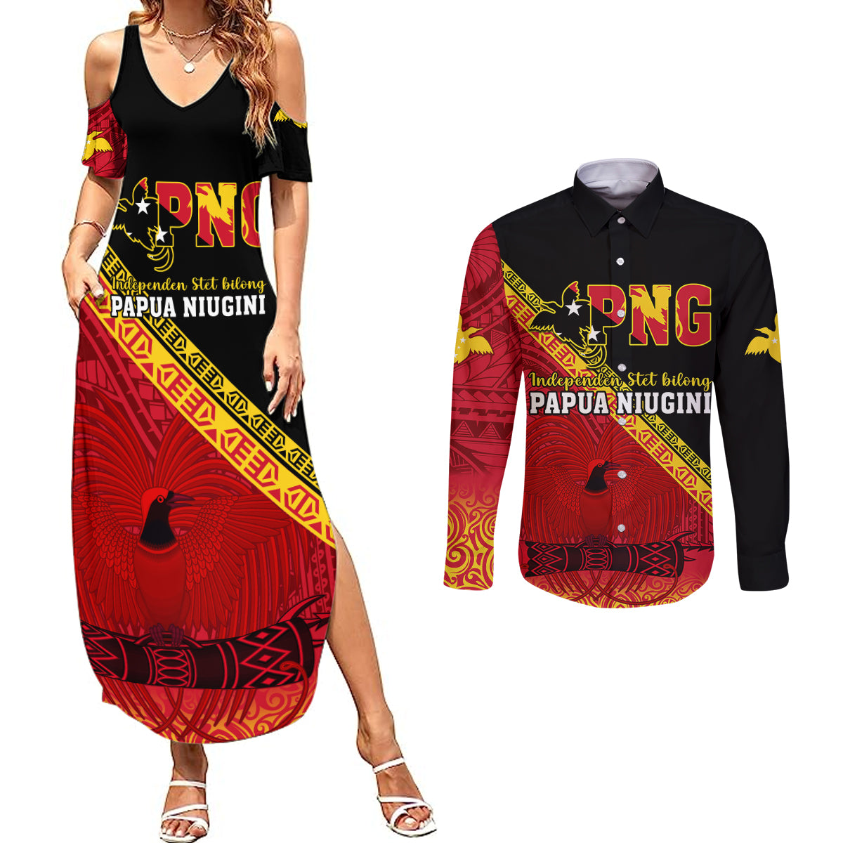 Presonalised Papua New Guinea Couples Matching Summer Maxi Dress and Long Sleeve Button Shirts Independen Stet bilong Papua Niugini Unique Version - Wonder Print Shop