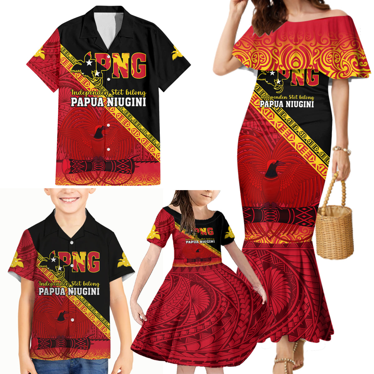 Presonalised Papua New Guinea Family Matching Mermaid Dress and Hawaiian Shirt Independen Stet bilong Papua Niugini Unique Version - Wonder Print Shop