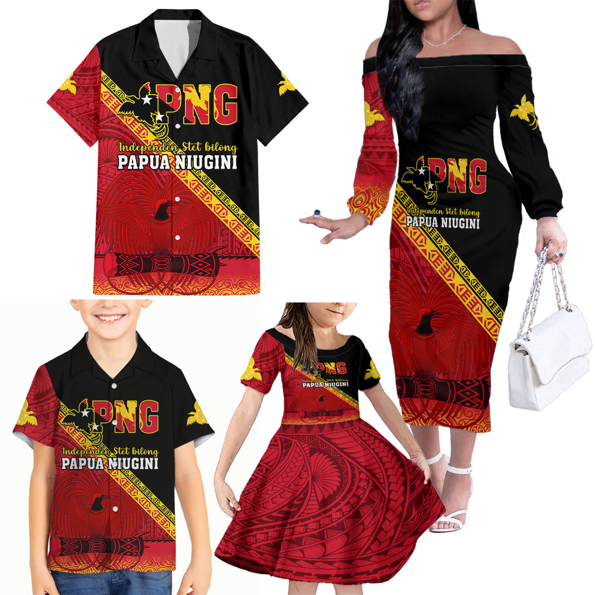 Presonalised Papua New Guinea Family Matching Off Shoulder Long Sleeve Dress and Hawaiian Shirt Independen Stet bilong Papua Niugini Unique Version - Wonder Print Shop
