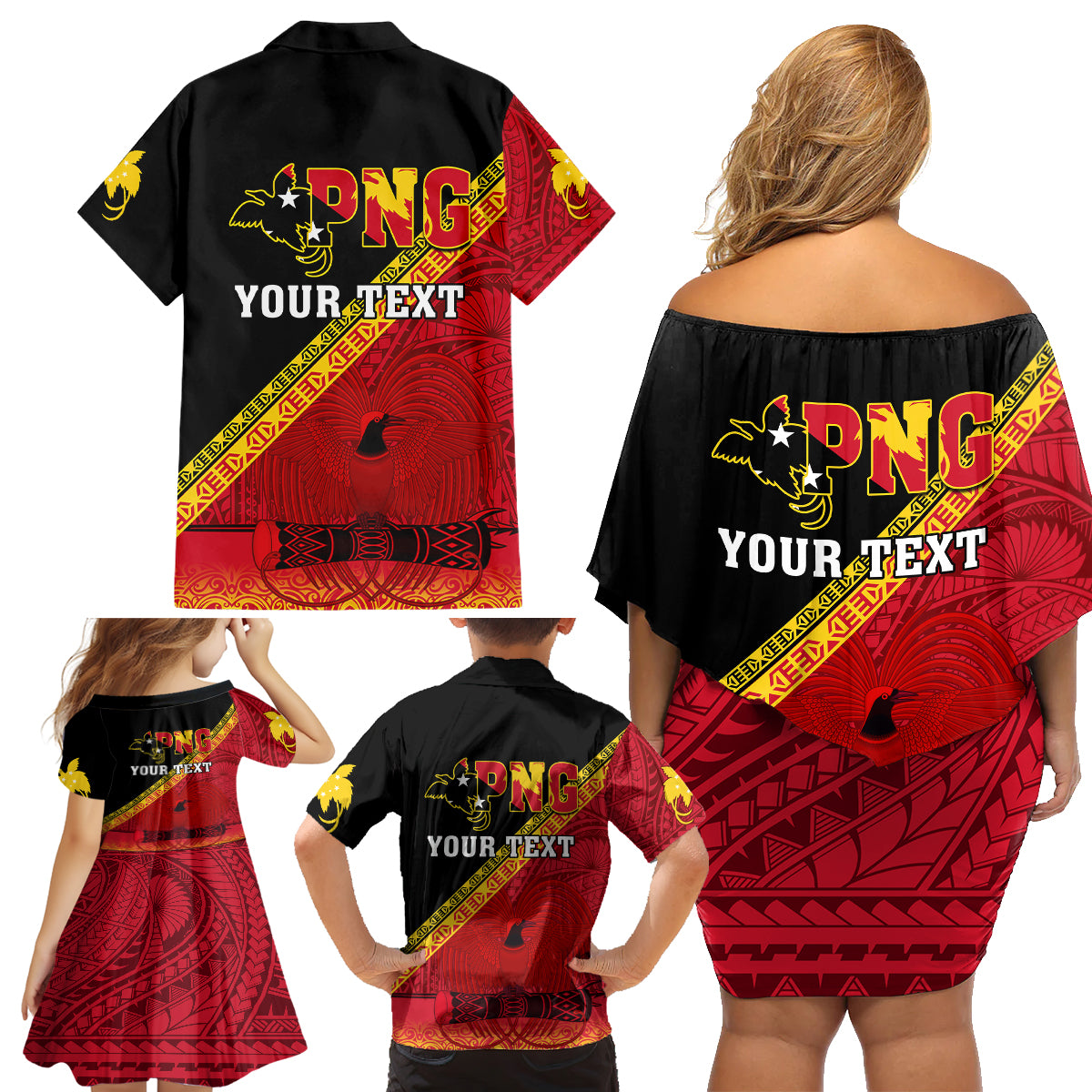 Presonalised Papua New Guinea Family Matching Off Shoulder Short Dress and Hawaiian Shirt Independen Stet bilong Papua Niugini Unique Version - Wonder Print Shop