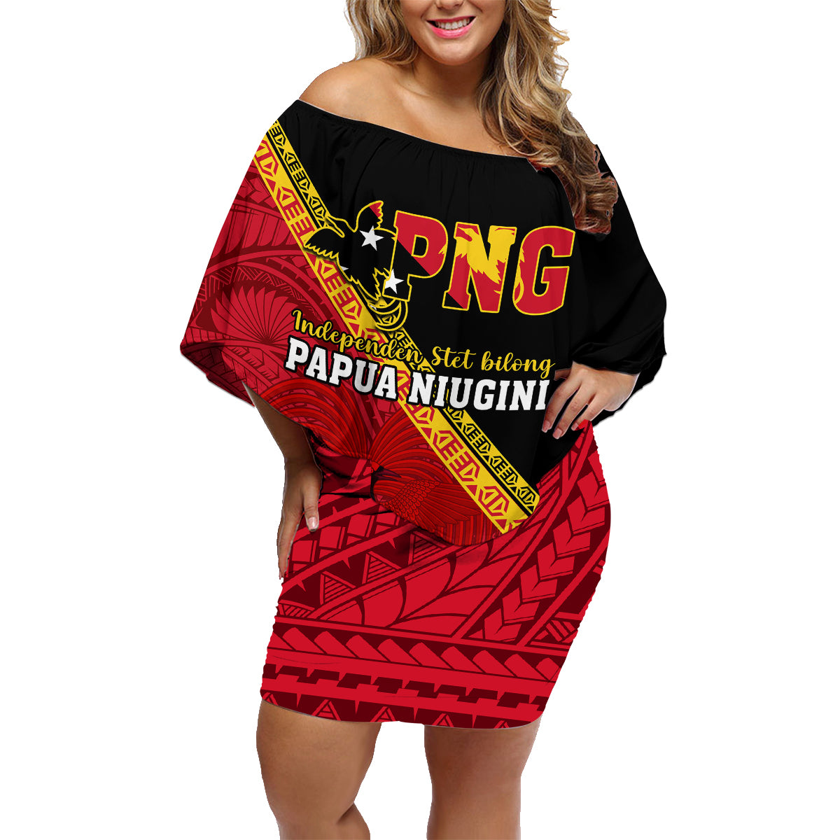 Presonalised Papua New Guinea Family Matching Off Shoulder Short Dress and Hawaiian Shirt Independen Stet bilong Papua Niugini Unique Version - Wonder Print Shop