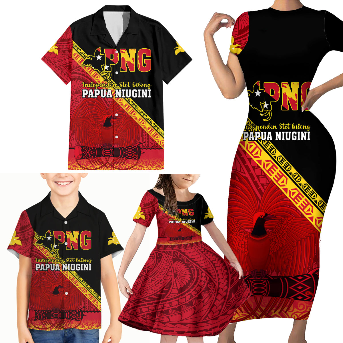Presonalised Papua New Guinea Family Matching Short Sleeve Bodycon Dress and Hawaiian Shirt Independen Stet bilong Papua Niugini Unique Version - Wonder Print Shop