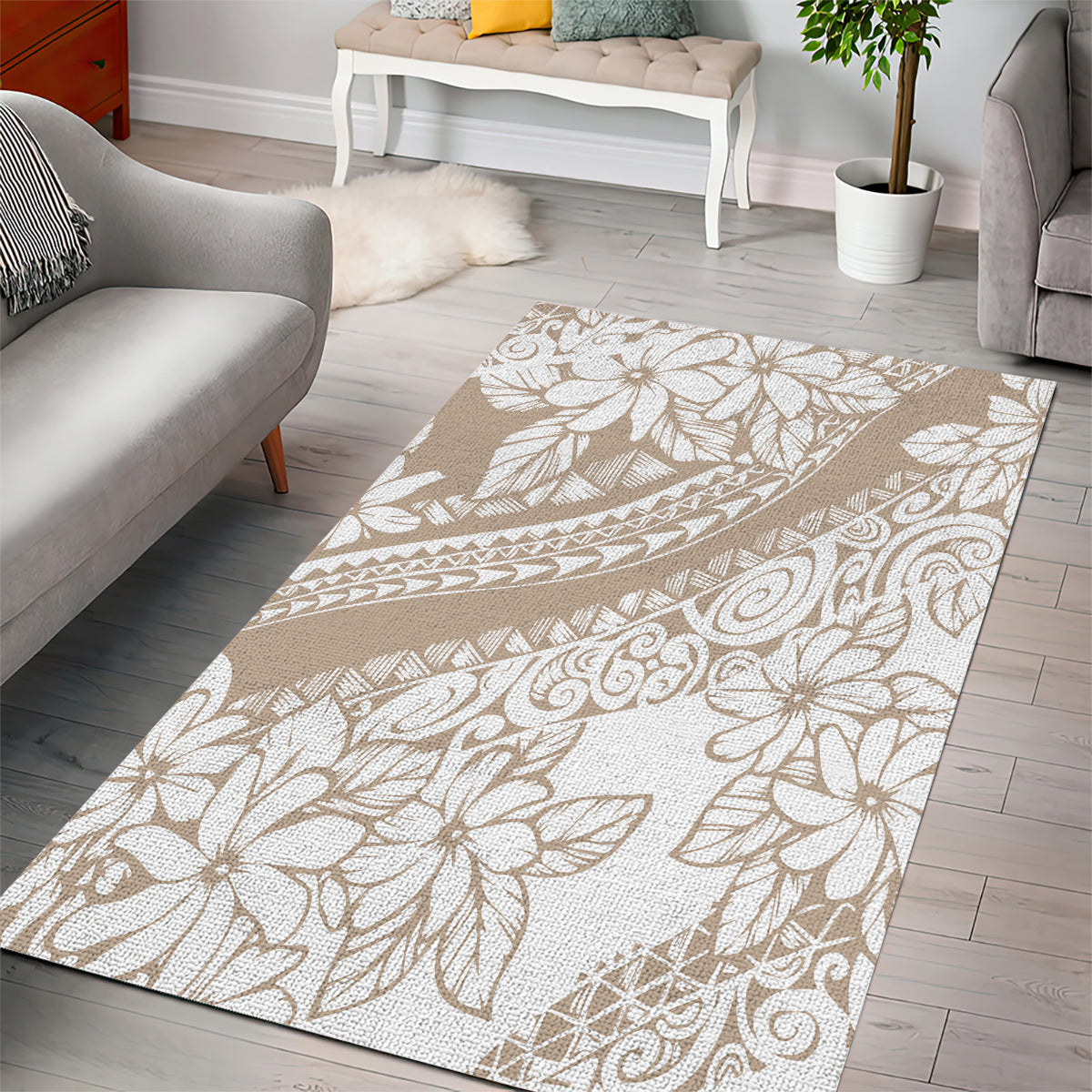 Polynesia Area Rug Polynesian Tropical Flowers Begie Pastel Vibes - Wonder Print Shop